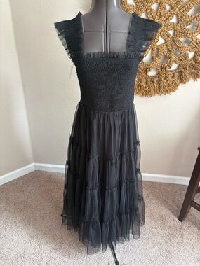 Baltic Born Black Ruffled Tulle Tiered Midi Dress NWT